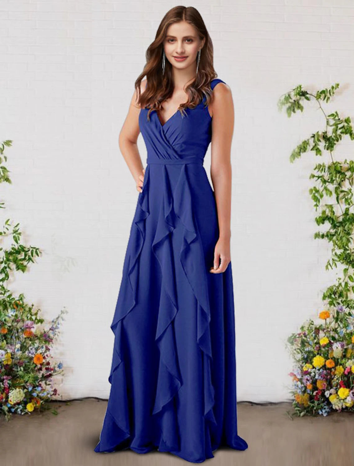 Abito da damigella d'onore a trapezio, elegante, senza maniche, in chiffon, lungo fino al pavimento, con scollo a V e volant